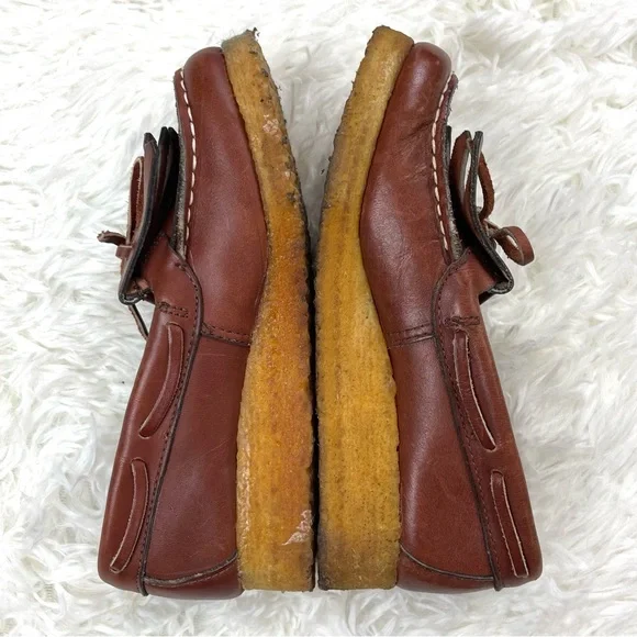 VTG 1970’s Sears Roebuck Brown Leather Thick Gum Sole Loafers w Fringe and Bow - Picture 3 of 15